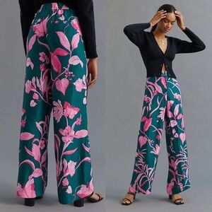 Anthropologie Breezy Floral Printed Wide‎ Leg Pants Pink Green size 6